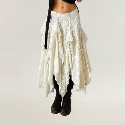 Asymmetrical Layered Lace Maxi Skirt with Flowing Ruffle Drapes