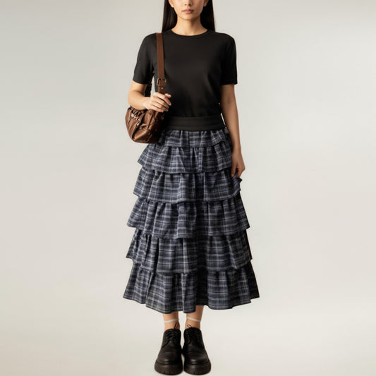 Tiered Plaid Maxi Skirt with Ruffle Layers and Elastic Waistband