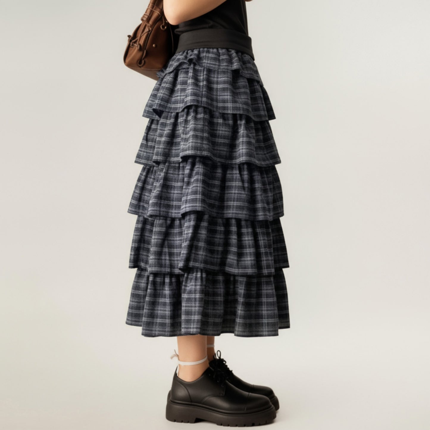Tiered Plaid Maxi Skirt with Ruffle Layers and Elastic Waistband