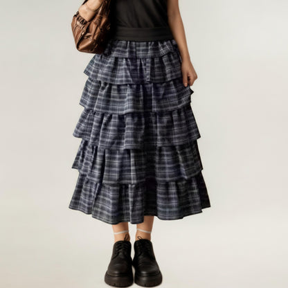 Tiered Plaid Maxi Skirt with Ruffle Layers and Elastic Waistband