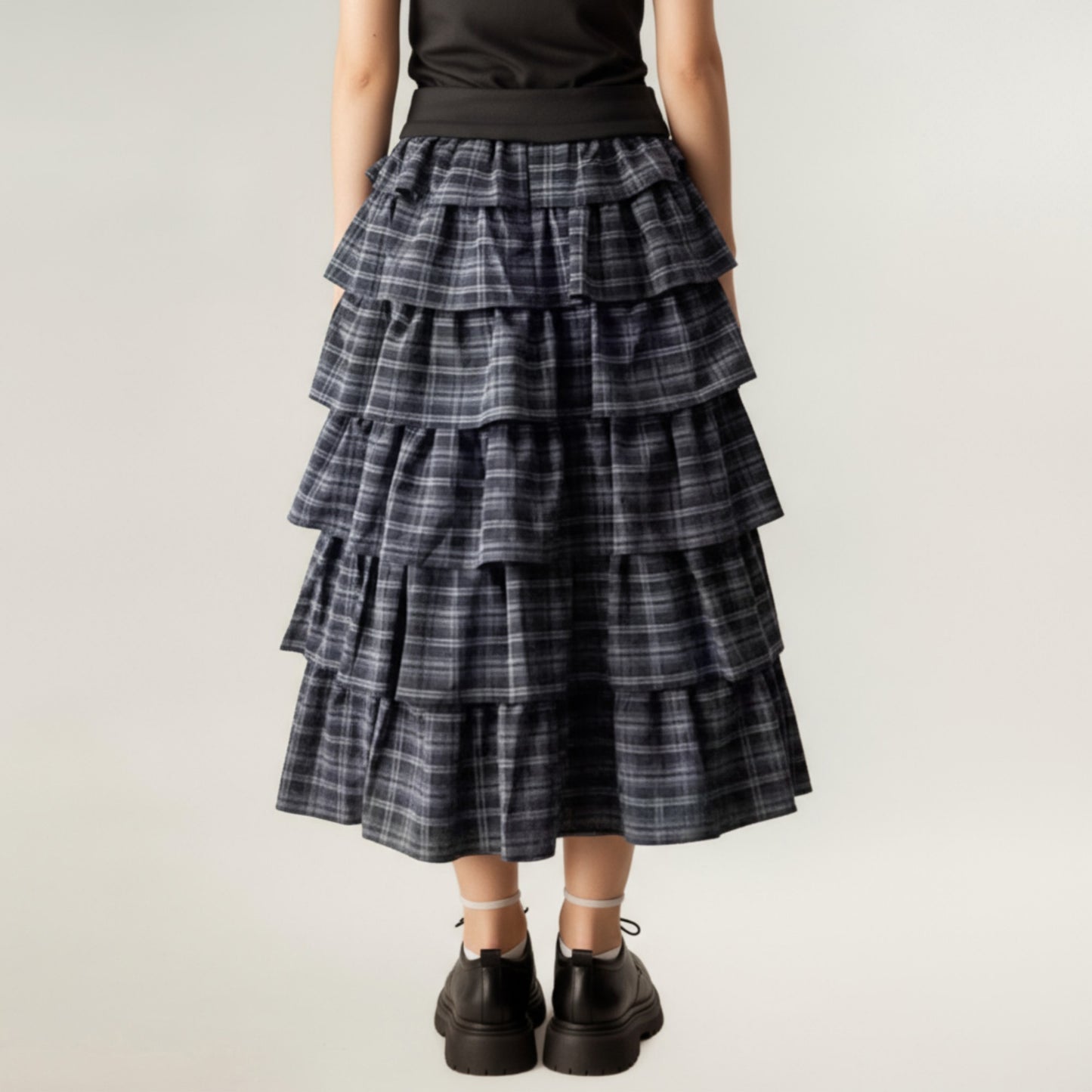 Tiered Plaid Maxi Skirt with Ruffle Layers and Elastic Waistband