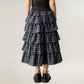 Tiered Plaid Maxi Skirt with Ruffle Layers and Elastic Waistband