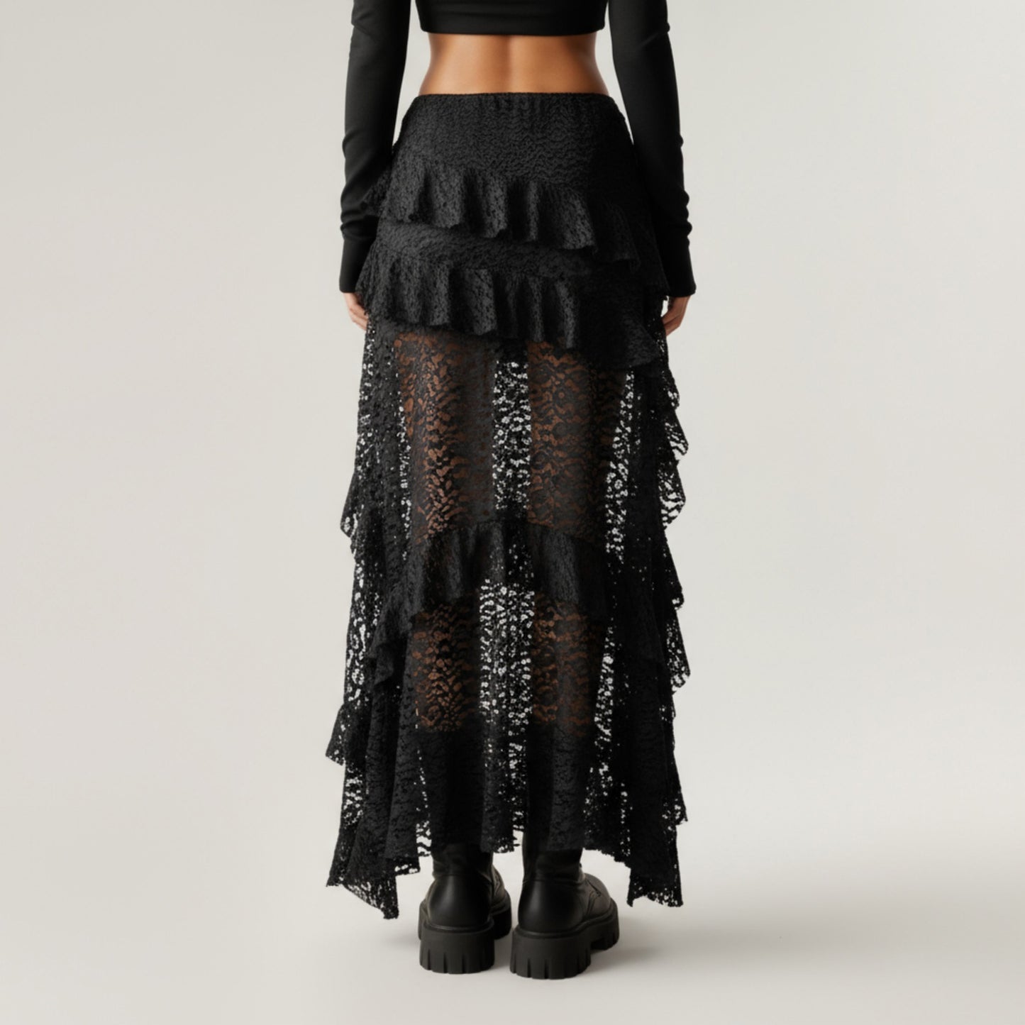 Asymmetrical Lace Maxi Skirt with Ruffled Layers and High Slit