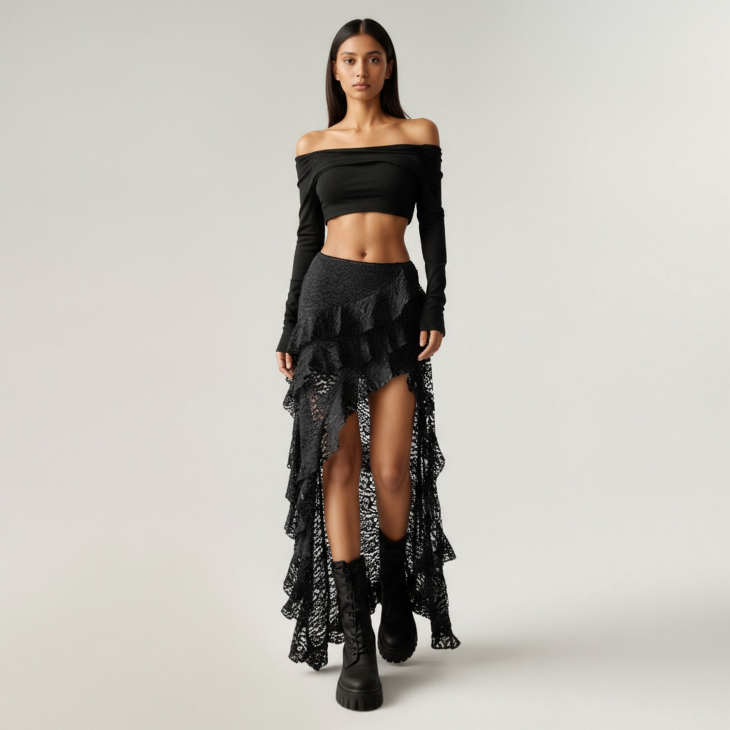 Asymmetrical Lace Maxi Skirt with Ruffled Layers and High Slit