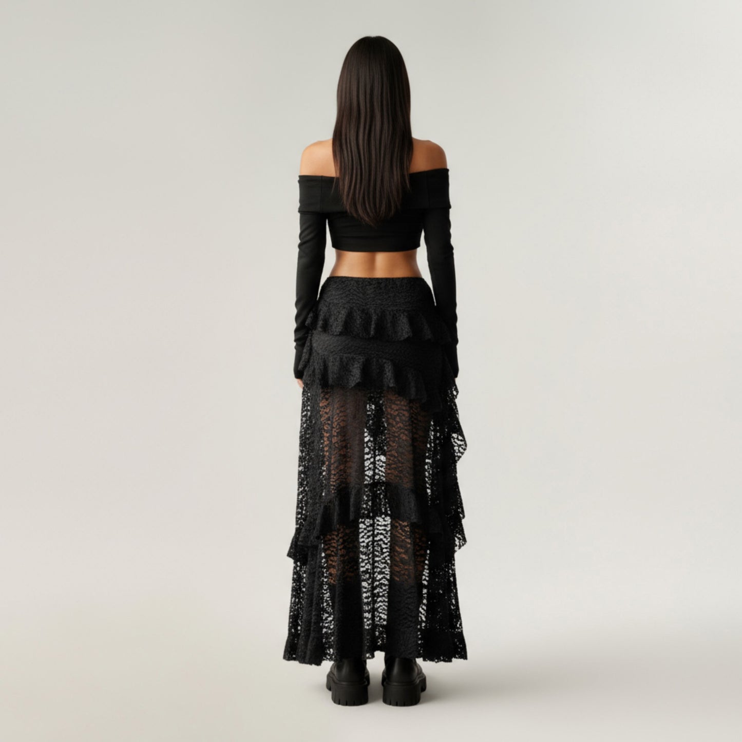 Asymmetrical Lace Maxi Skirt with Ruffled Layers and High Slit