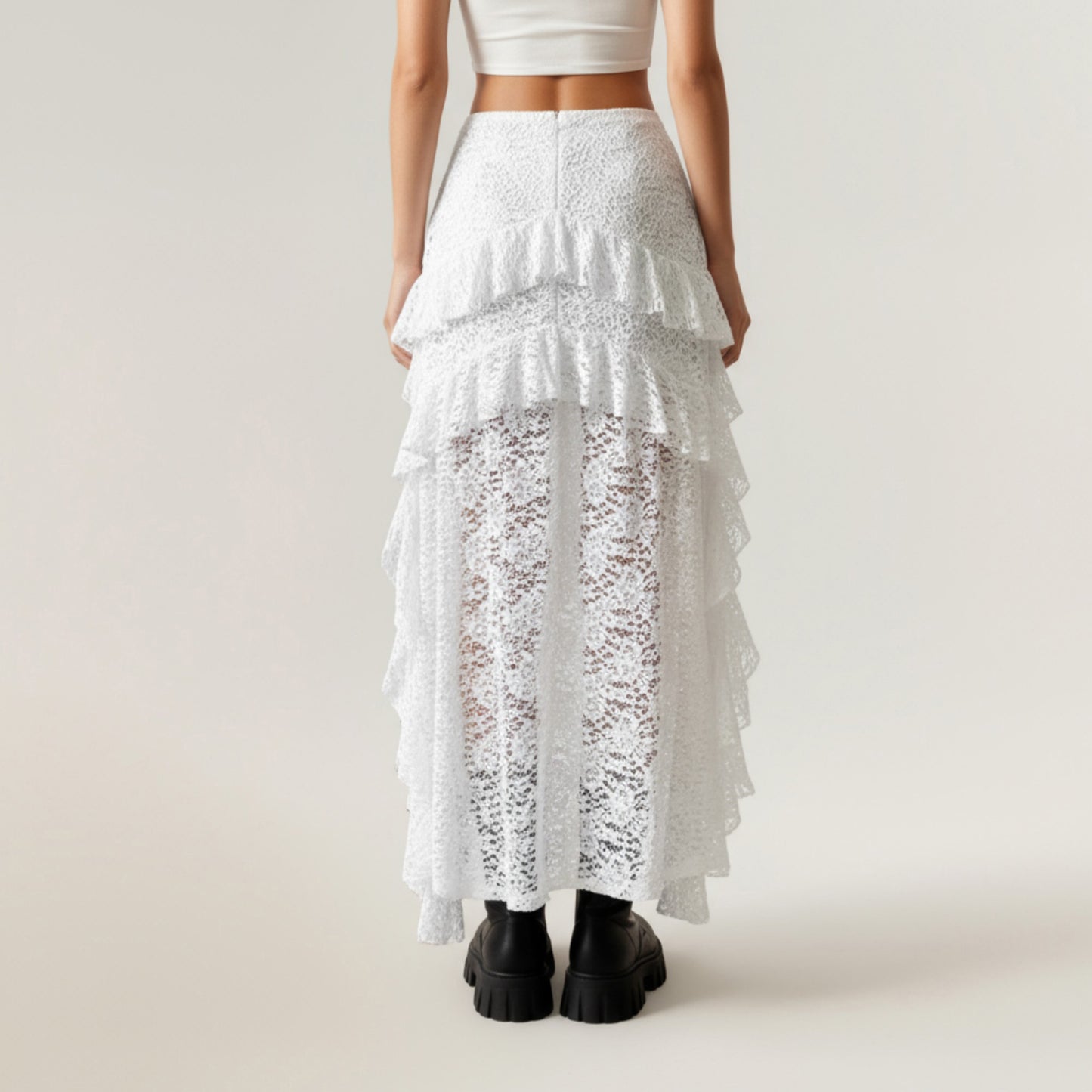 Asymmetrical Lace Maxi Skirt with Ruffled Layers and High Slit