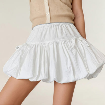 Bubble Hem Mini Skirt with Elastic Waist and Bow Details
