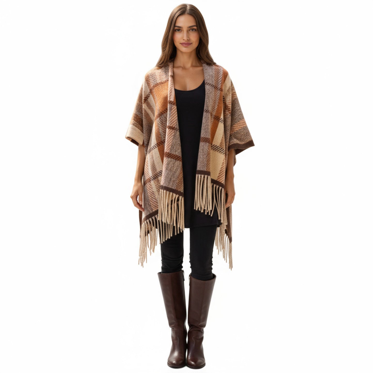 Plaid Fringe Shawl Wrap with Soft Woven Texture and Open Front Design 67x45.5 in
