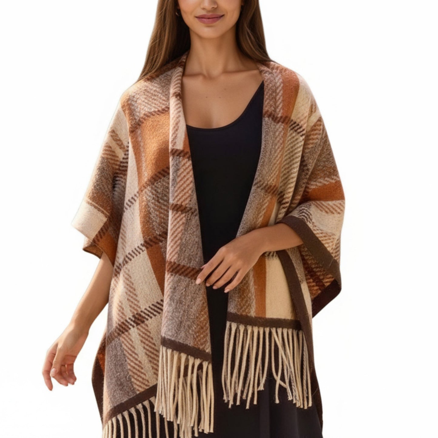 Plaid Fringe Shawl Wrap with Soft Woven Texture and Open Front Design 67x45.5 in