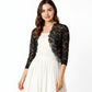 Floral Lace Cropped Cardigan with 3/4 Sleeves and Scalloped Trim