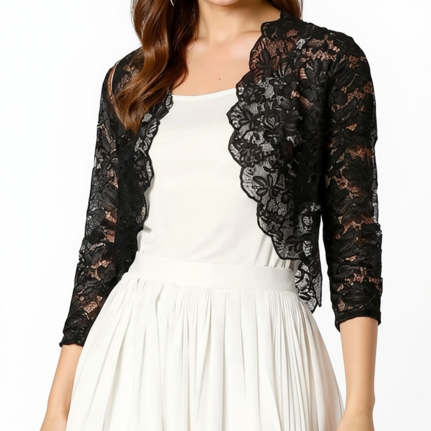 Floral Lace Cropped Cardigan with 3/4 Sleeves and Scalloped Trim