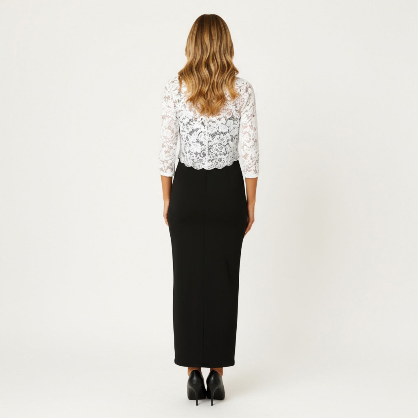 Floral Lace Cropped Cardigan with 3/4 Sleeves and Scalloped Trim