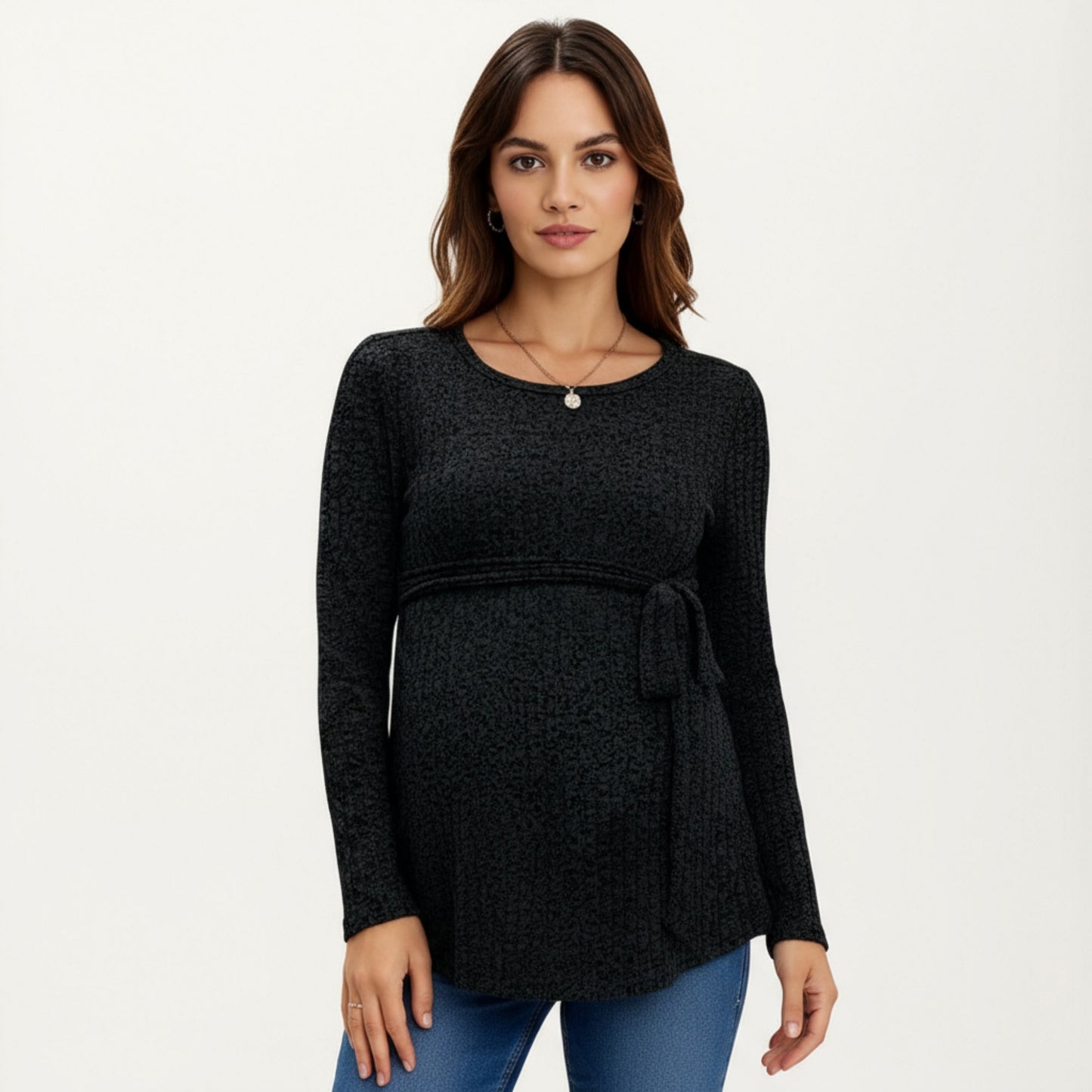 Long Sleeve Maternity Top with Textured Knit Fabric and Side Bow Detail