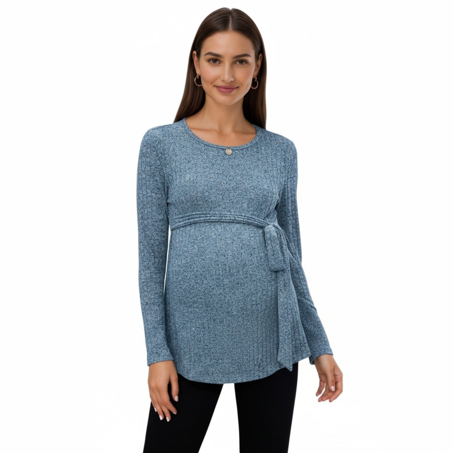 Long Sleeve Maternity Top with Textured Knit Fabric and Side Bow Detail