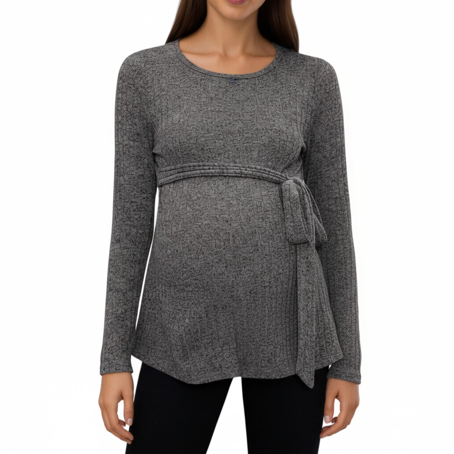 Long Sleeve Maternity Top with Textured Knit Fabric and Side Bow Detail