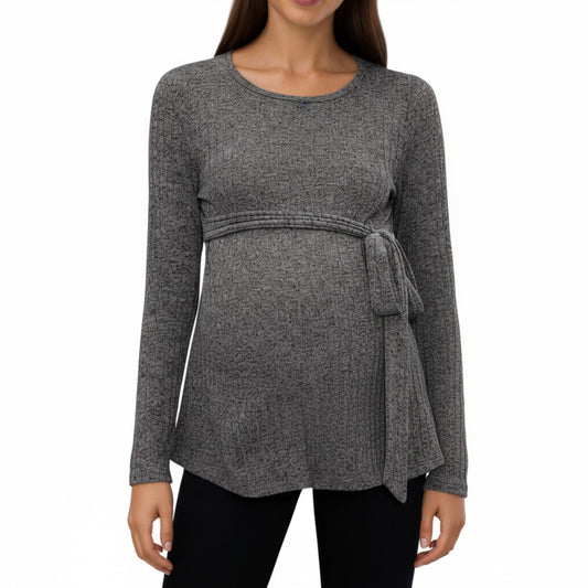 Long Sleeve Maternity Top with Textured Knit Fabric and Side Bow Detail