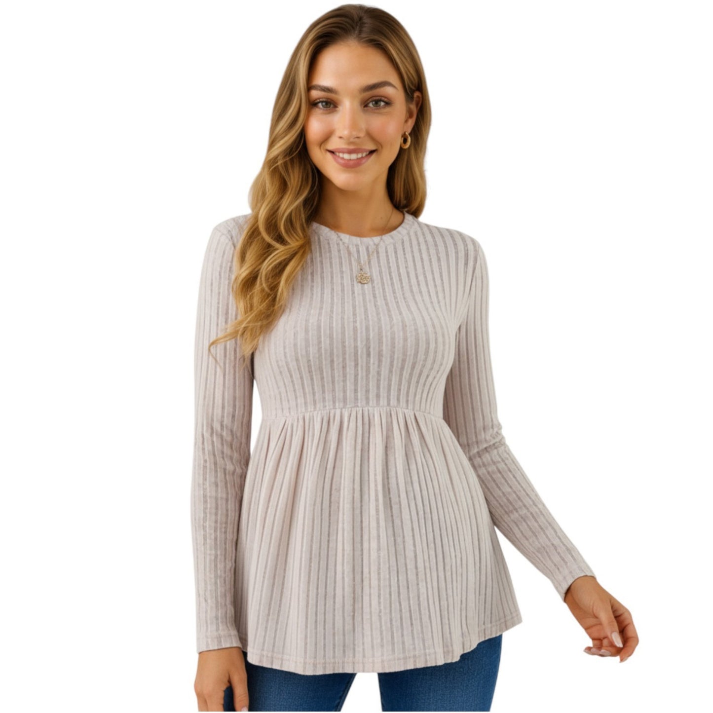 Long Sleeve Ribbed Knit Maternity Top with Empire Waist and Pleated Hem