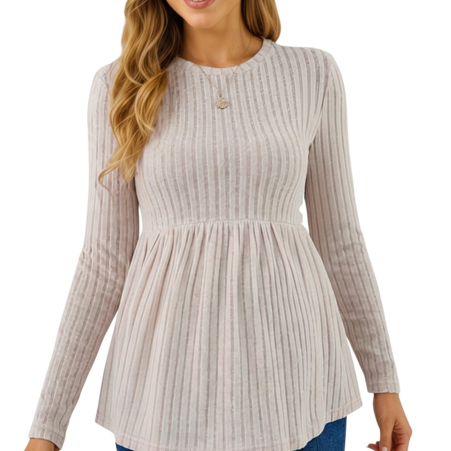 Long Sleeve Ribbed Knit Maternity Top with Empire Waist and Pleated Hem