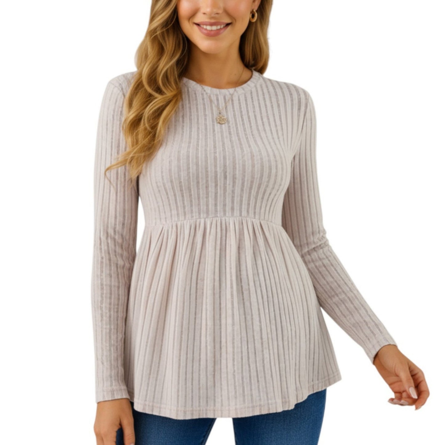 Long Sleeve Ribbed Knit Maternity Top with Empire Waist and Pleated Hem