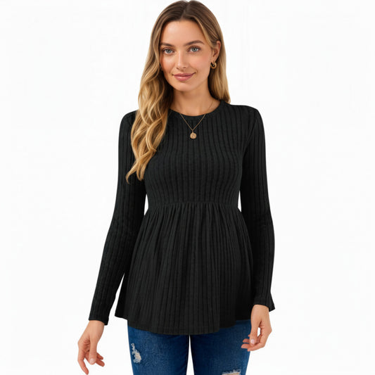 Long Sleeve Ribbed Knit Maternity Top with Empire Waist and Pleated Hem