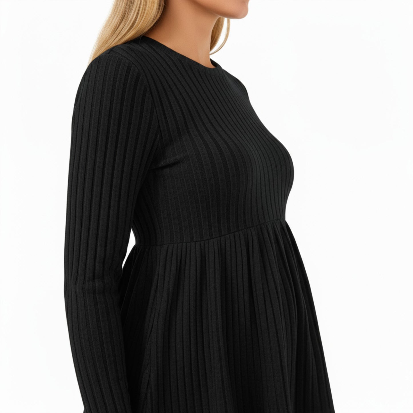 Long Sleeve Ribbed Knit Maternity Top with Empire Waist and Pleated Hem