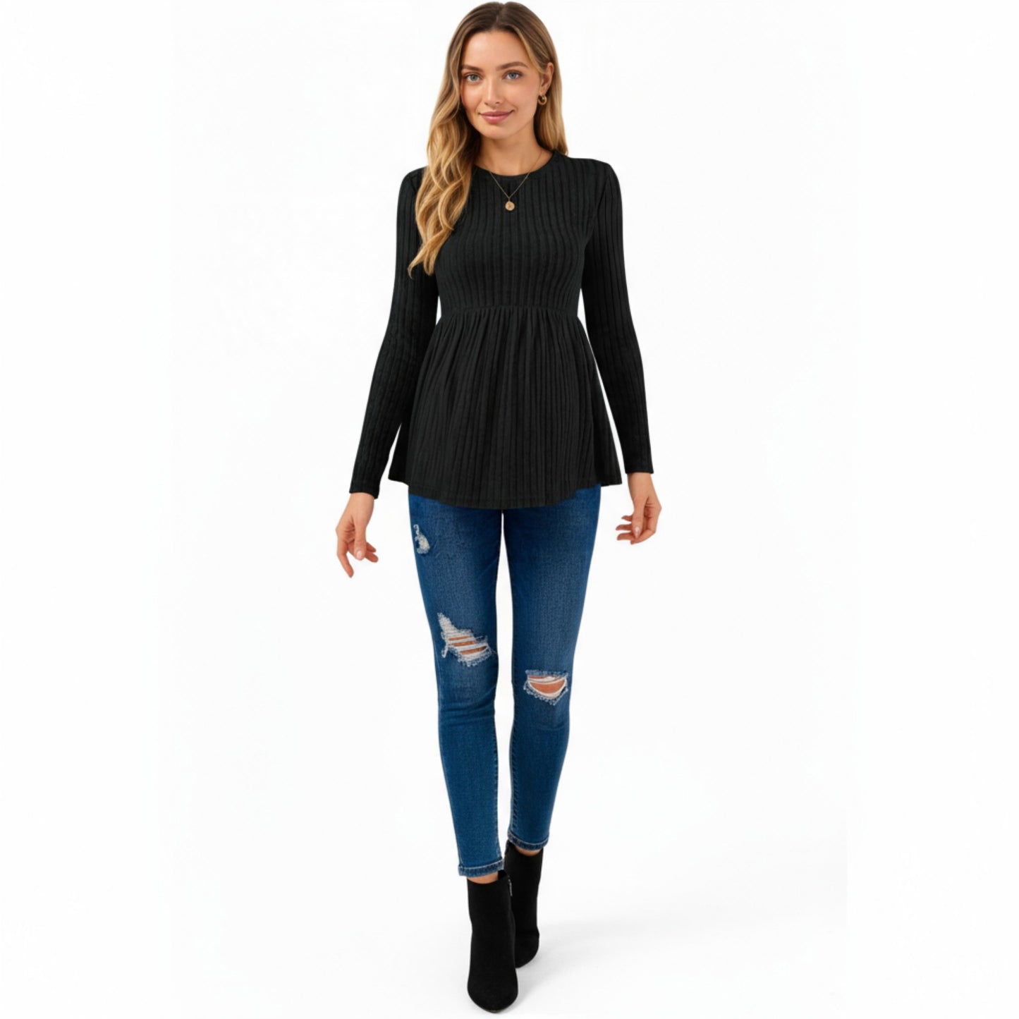 Long Sleeve Ribbed Knit Maternity Top with Empire Waist and Pleated Hem