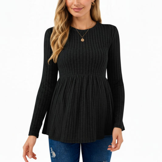 Long Sleeve Ribbed Knit Maternity Top with Empire Waist and Pleated Hem