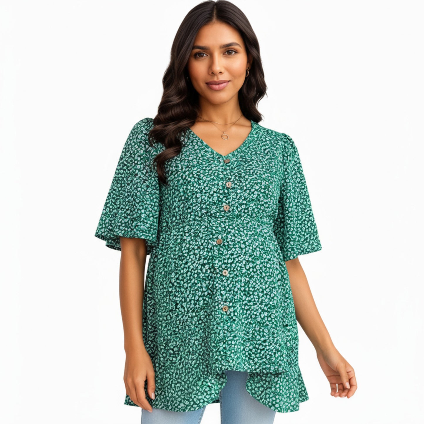 Short Sleeve Floral Print Maternity Top with Button Front and Flowy Hem