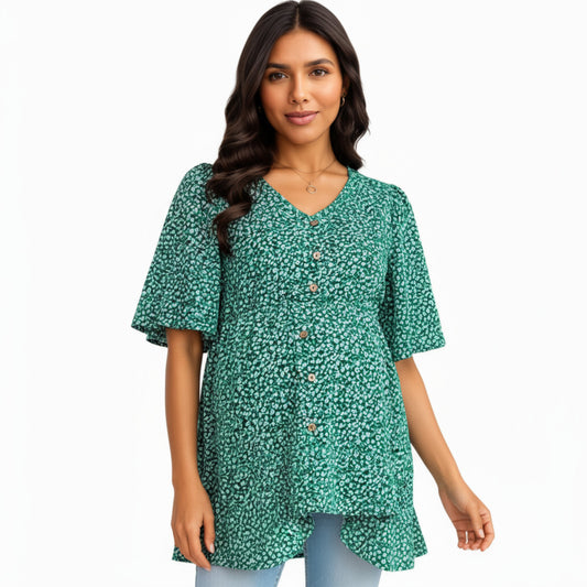 Short Sleeve Floral Print Maternity Top with Button Front and Flowy Hem