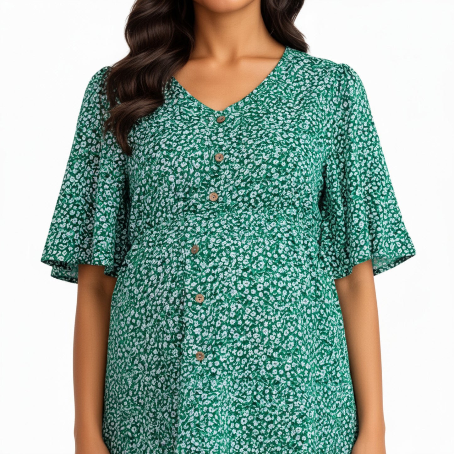 Short Sleeve Floral Print Maternity Top with Button Front and Flowy Hem