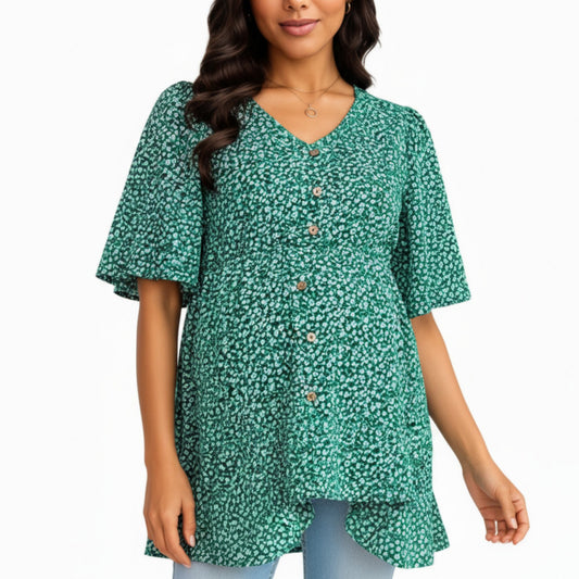 Short Sleeve Floral Print Maternity Top with Button Front and Flowy Hem