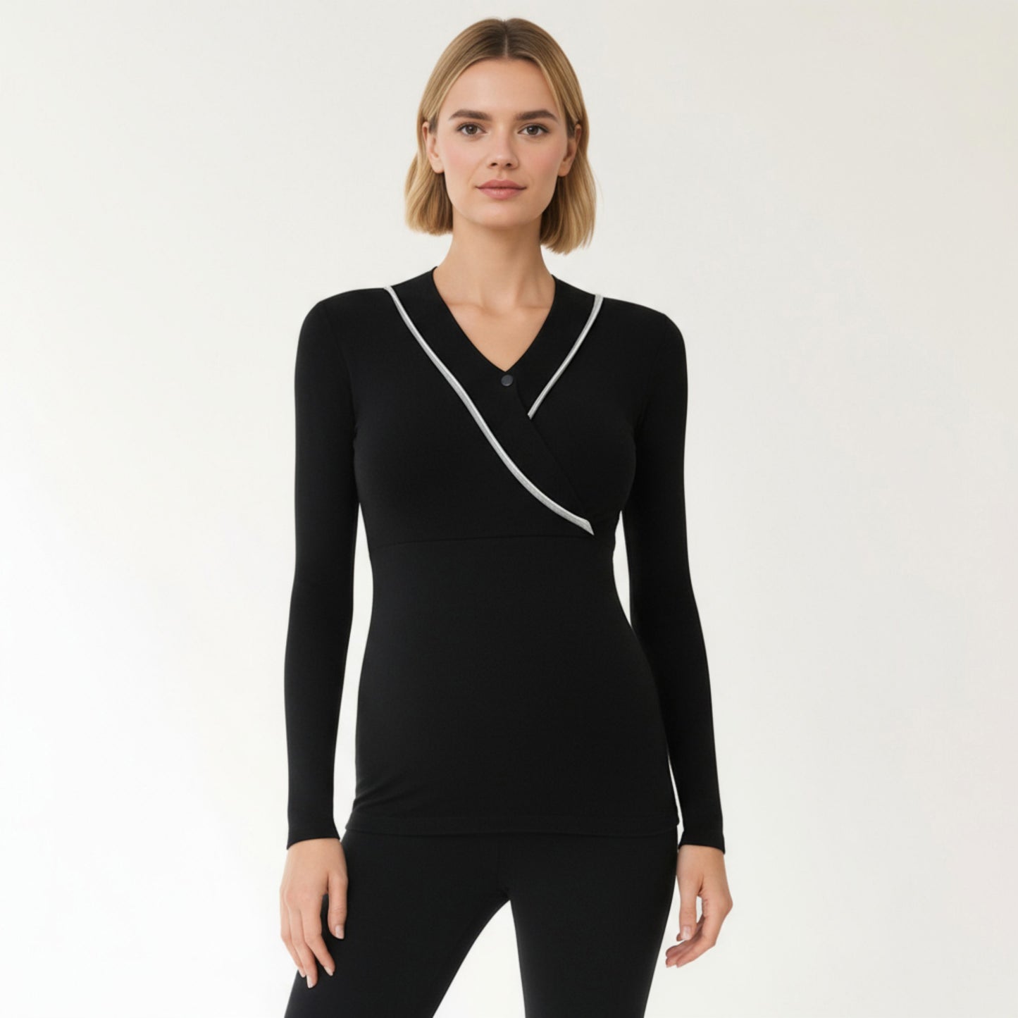 Long Sleeve Wrap Front Maternity Top with Contrast Trim and Fitted Silhouette