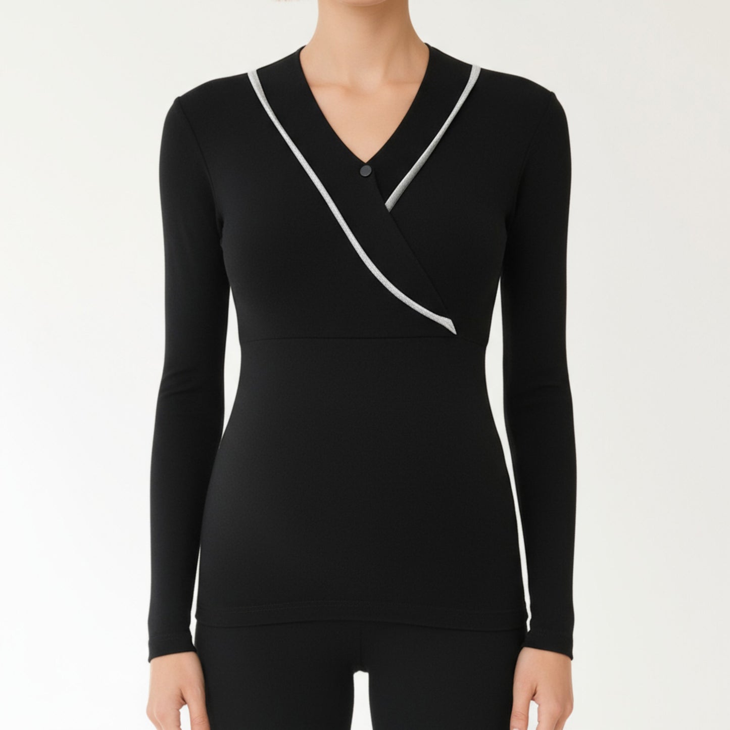 Long Sleeve Wrap Front Maternity Top with Contrast Trim and Fitted Silhouette