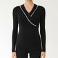 Long Sleeve Wrap Front Maternity Top with Contrast Trim and Fitted Silhouette