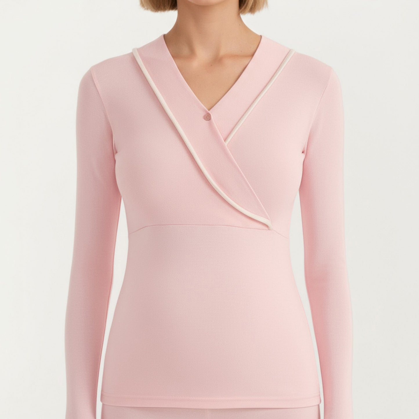 Long Sleeve Wrap Front Maternity Top with Contrast Trim and Fitted Silhouette