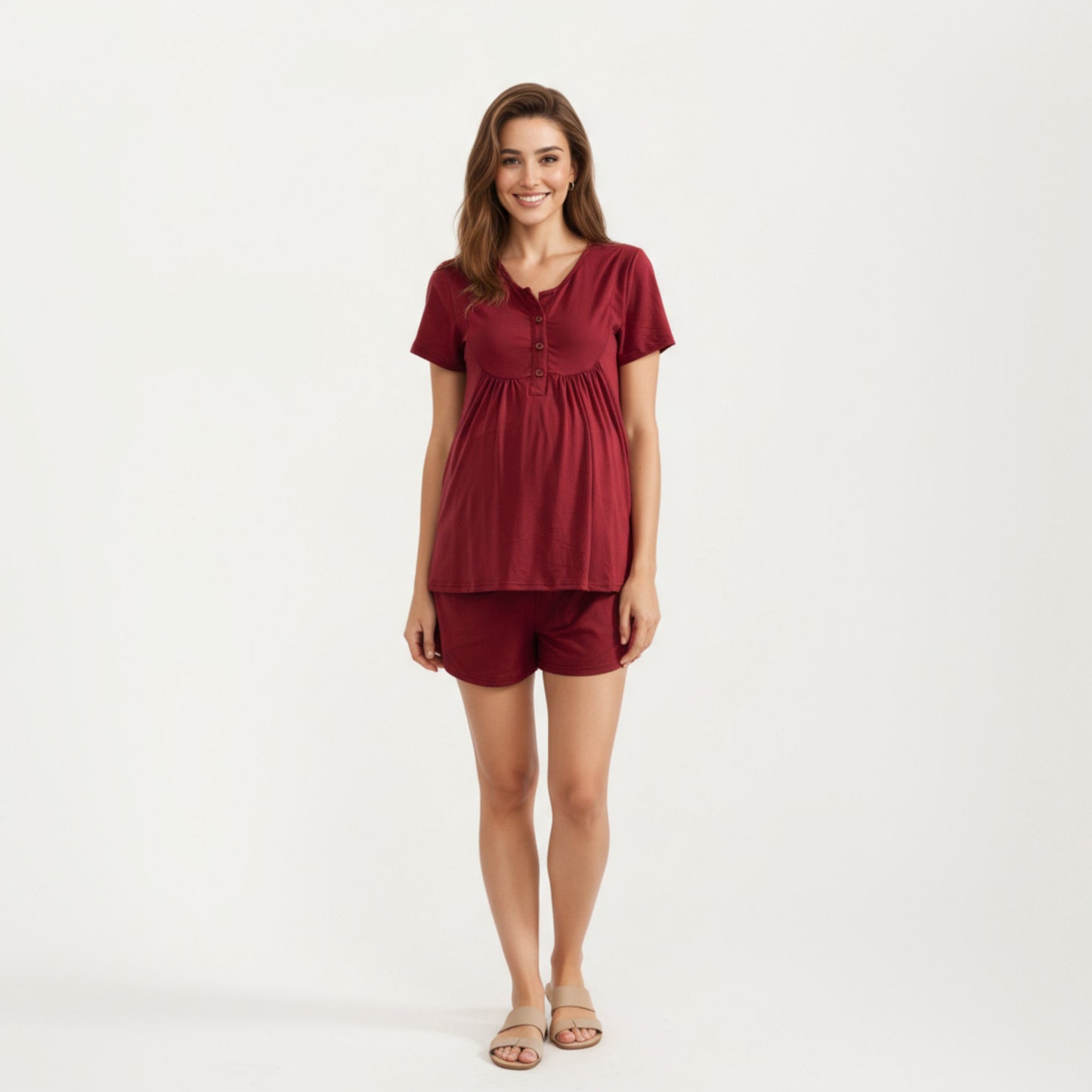 2-Piece Maternity Pajama Set with Short Sleeve Henley Top and Stretch Shorts