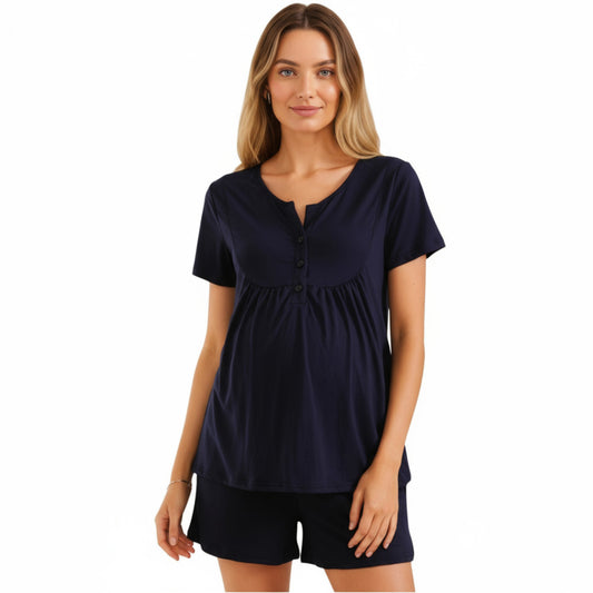 2-Piece Maternity Pajama Set with Short Sleeve Henley Top and Stretch Shorts