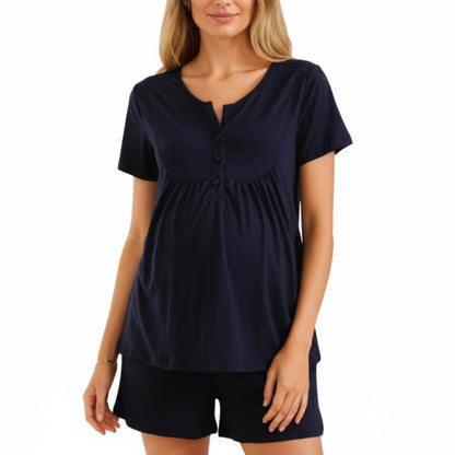 2-Piece Maternity Pajama Set with Short Sleeve Henley Top and Stretch Shorts