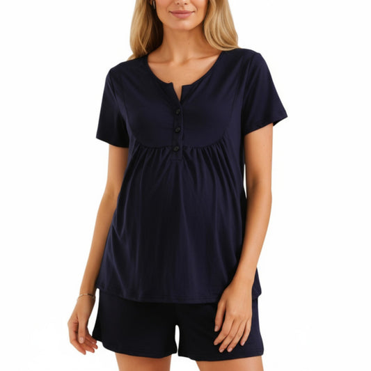 2-Piece Maternity Pajama Set with Short Sleeve Henley Top and Stretch Shorts
