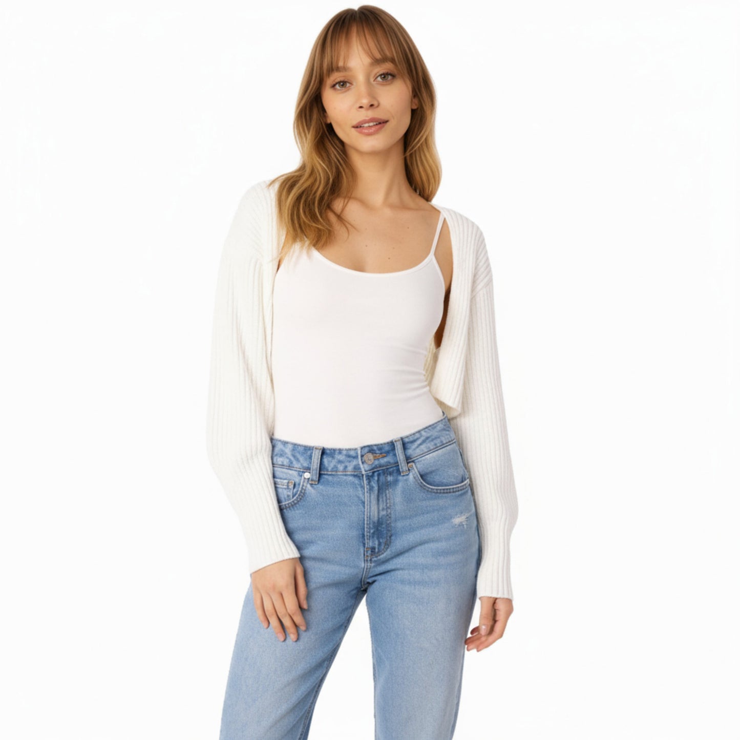 Ribbed Knit Shrug Cardigan with Long Balloon Sleeves and Open Front Design