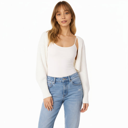 Ribbed Knit Shrug Cardigan with Long Balloon Sleeves and Open Front Design