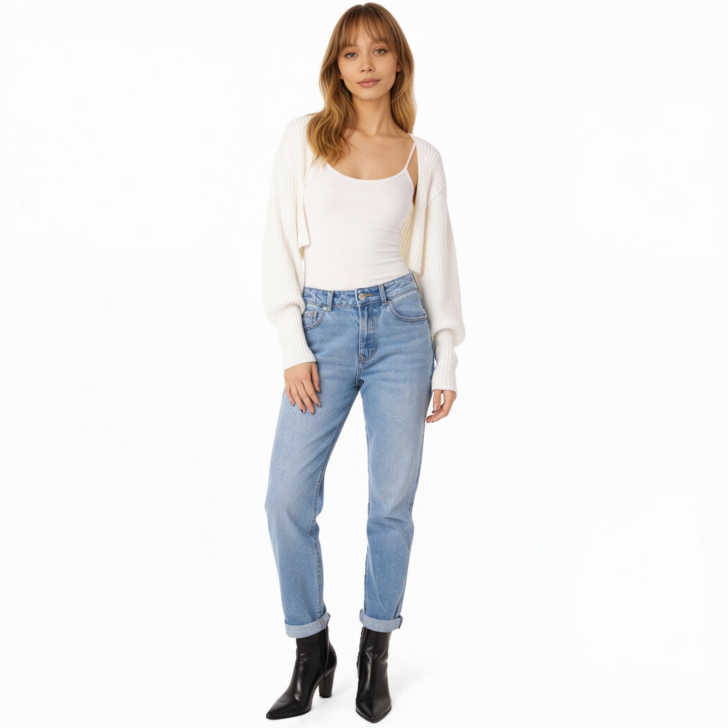 Ribbed Knit Shrug Cardigan with Long Balloon Sleeves and Open Front Design