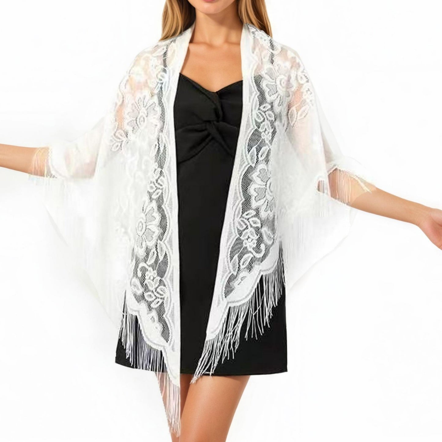 Sheer Lace Kimono Shawl with Floral Embroidery and Fringe Hem