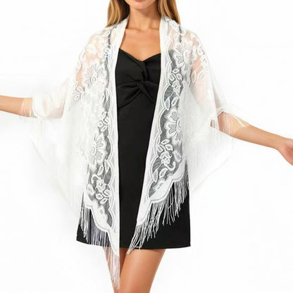 Sheer Lace Kimono Shawl with Floral Embroidery and Fringe Hem
