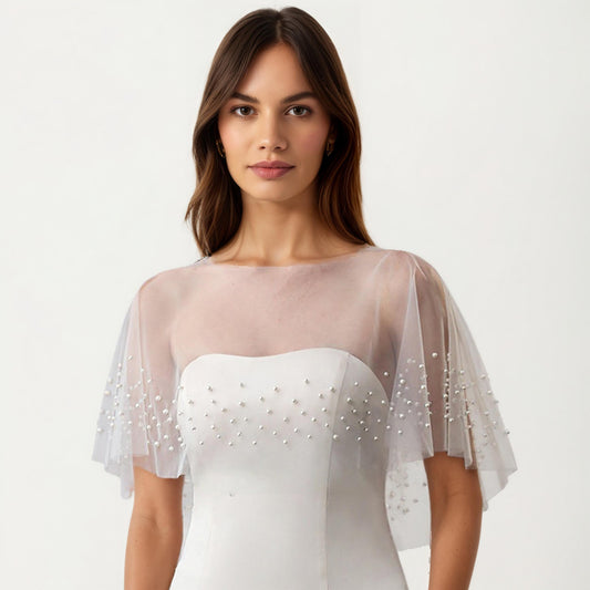 Sheer Pearl Embellished Capelet Shawl with Soft Tulle Fabric and Delicate Scattered Bead Accents