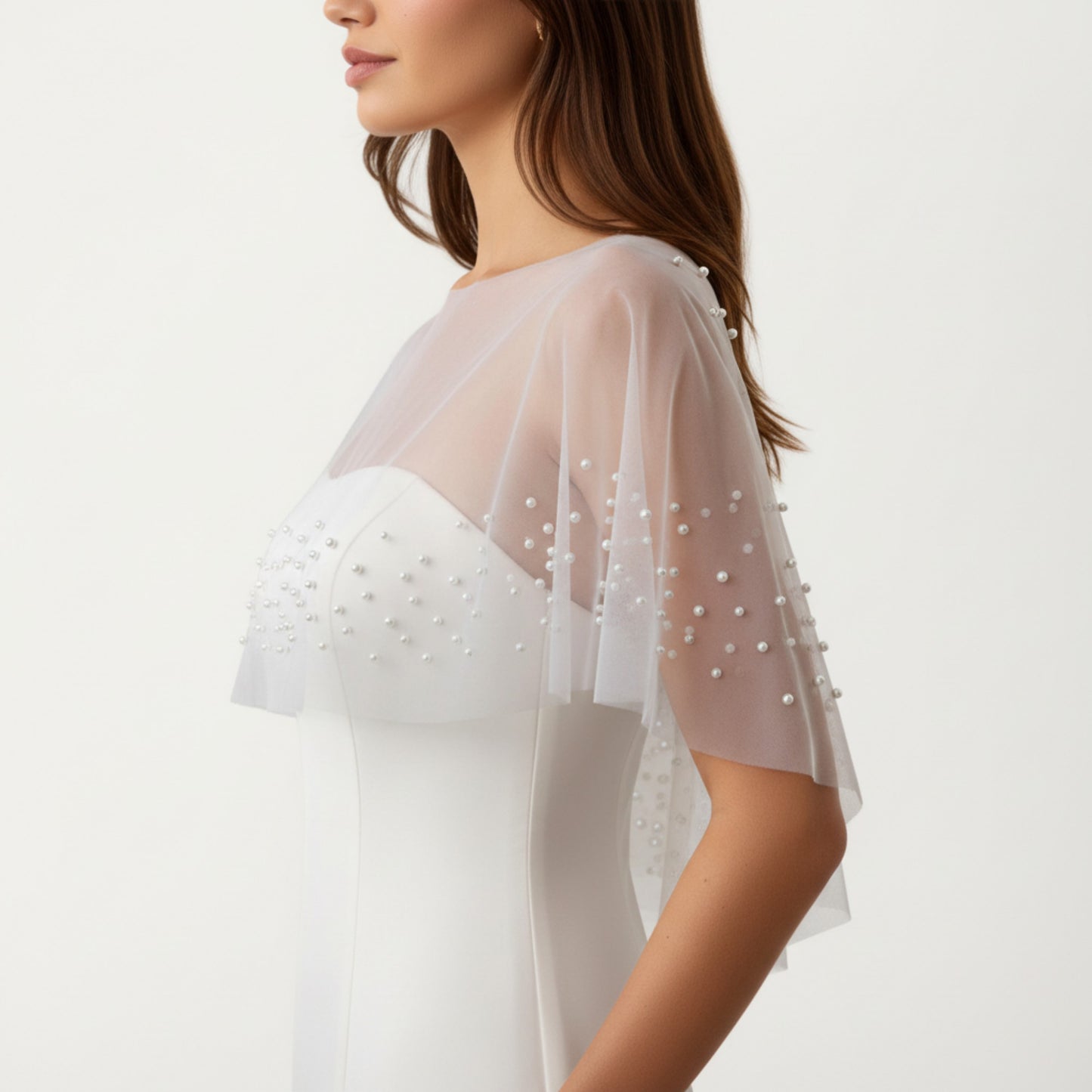 Sheer Pearl Embellished Capelet Shawl with Soft Tulle Fabric and Delicate Scattered Bead Accents
