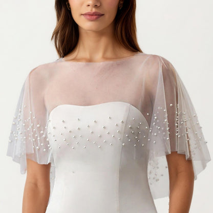 Sheer Pearl Embellished Capelet Shawl with Soft Tulle Fabric and Delicate Scattered Bead Accents