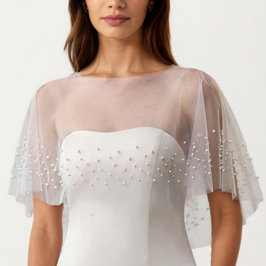Sheer Pearl Embellished Capelet Shawl with Soft Tulle Fabric and Delicate Scattered Bead Accents