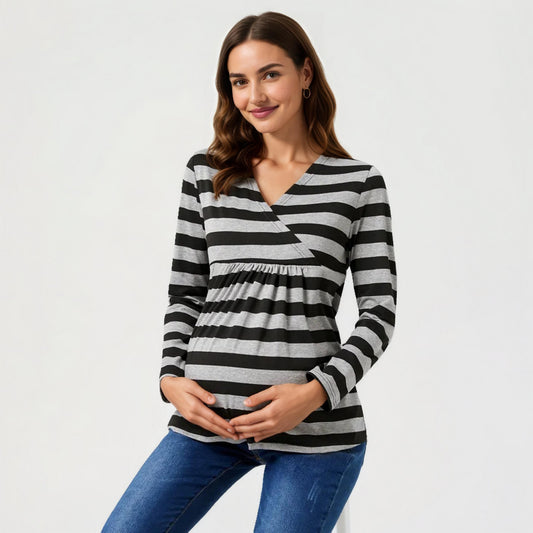 Long Sleeve Striped V-Neck Maternity Top with Empire Waist