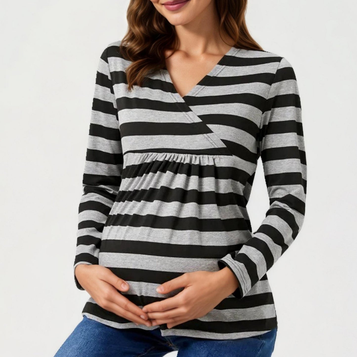 Long Sleeve Striped V-Neck Maternity Top with Empire Waist